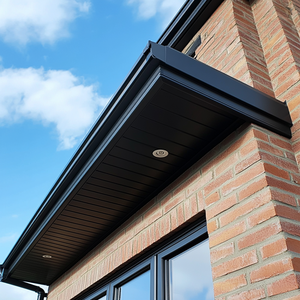 A brick building with a black gutter and a window