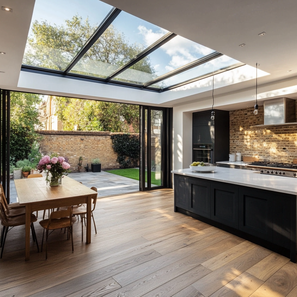 A kitchen with a table and chairs and a skylight.