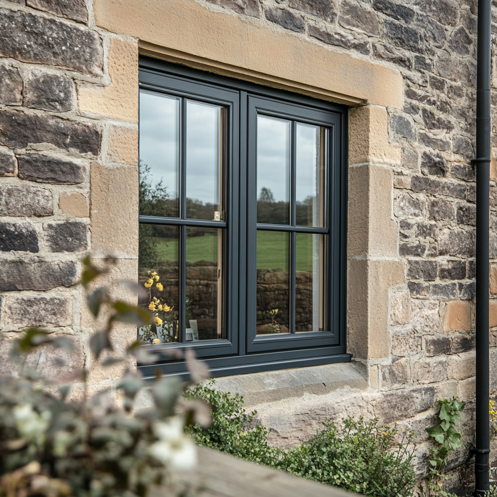 A black window is on the side of a brick building.