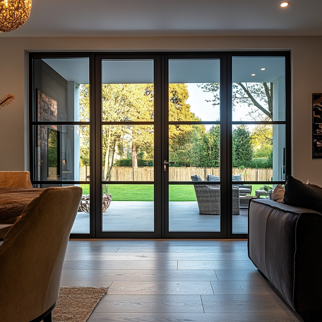 A living room with sliding glass doors leading to a patio