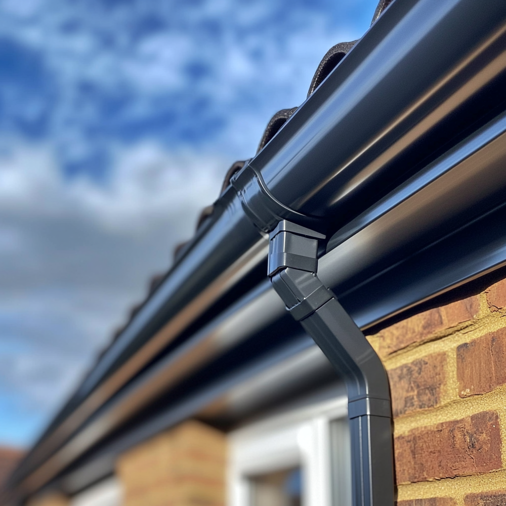 A close up of a gutter on the side of a house