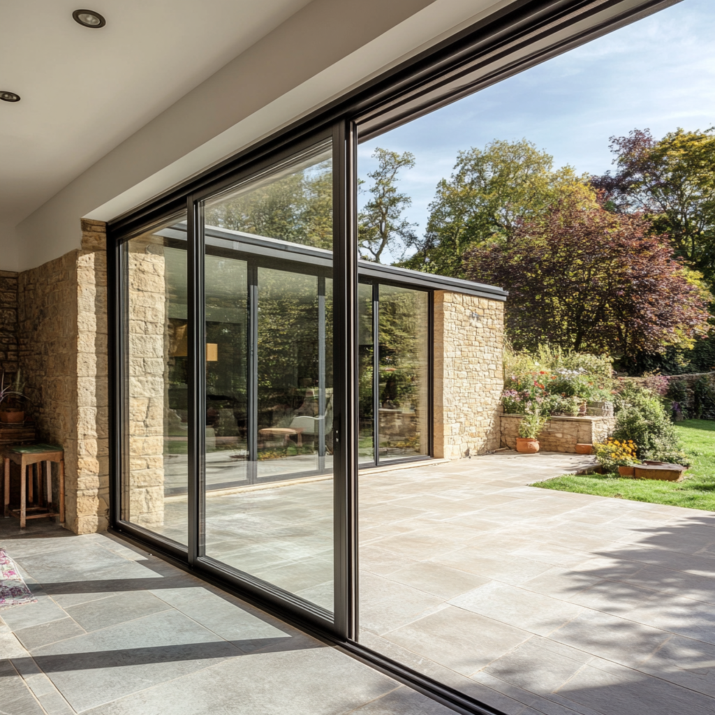 A large sliding glass door leading to a patio in a house.