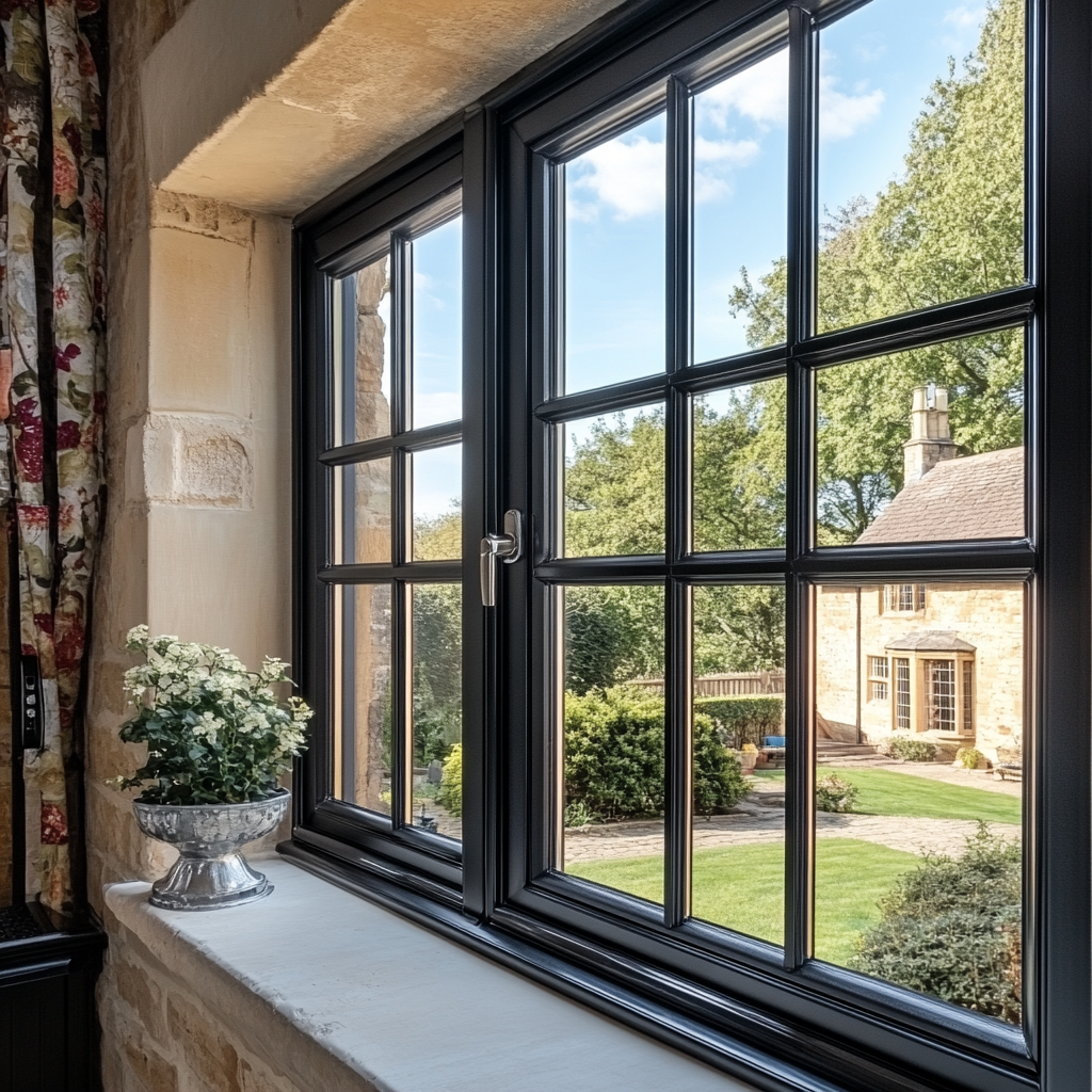 Two potted plants are sitting on a window sill next to a window.