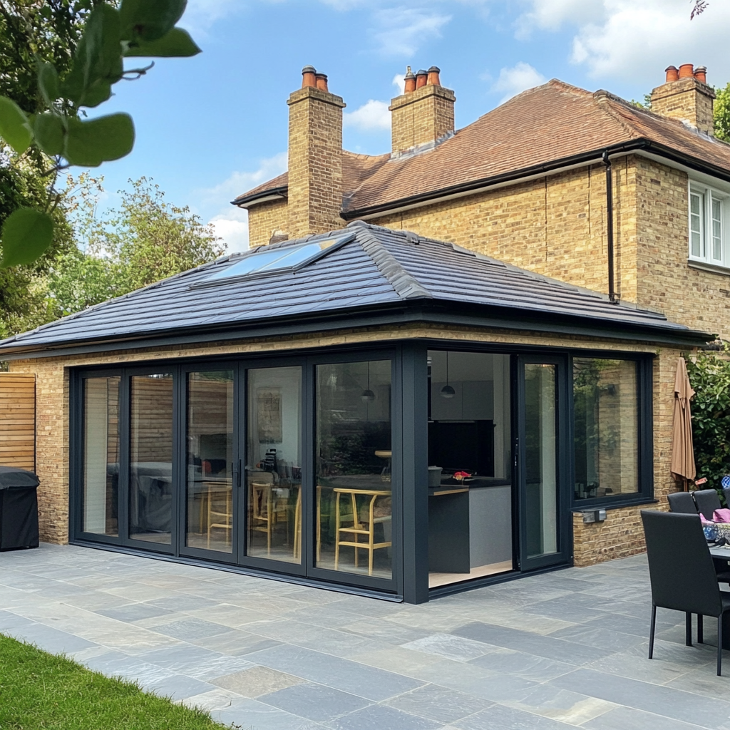 A brick house with a large sliding glass door