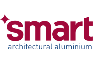 A red and white logo for smart architectural aluminium