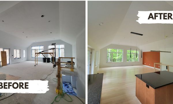 A before and after photo of a house being remodeled