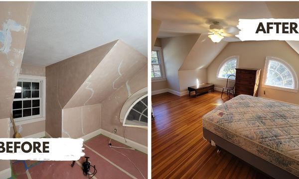 A before and after photo of a bedroom with a bed