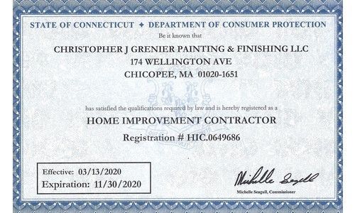 A certificate from the state of connecticut department of consumer protection for a home improvement contractor.