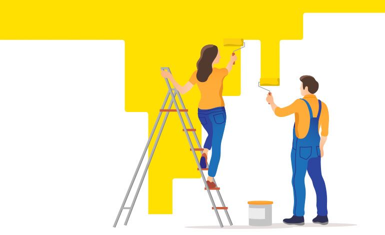 A man and a woman are painting a wall together.