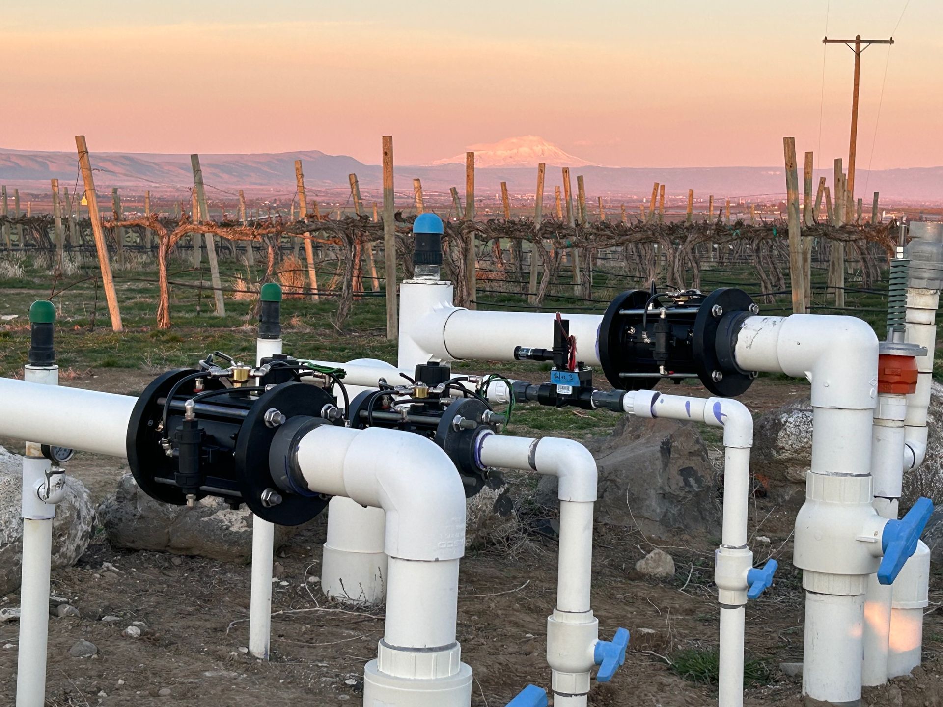 Control Valves with Mount Adams in the background at sunrise