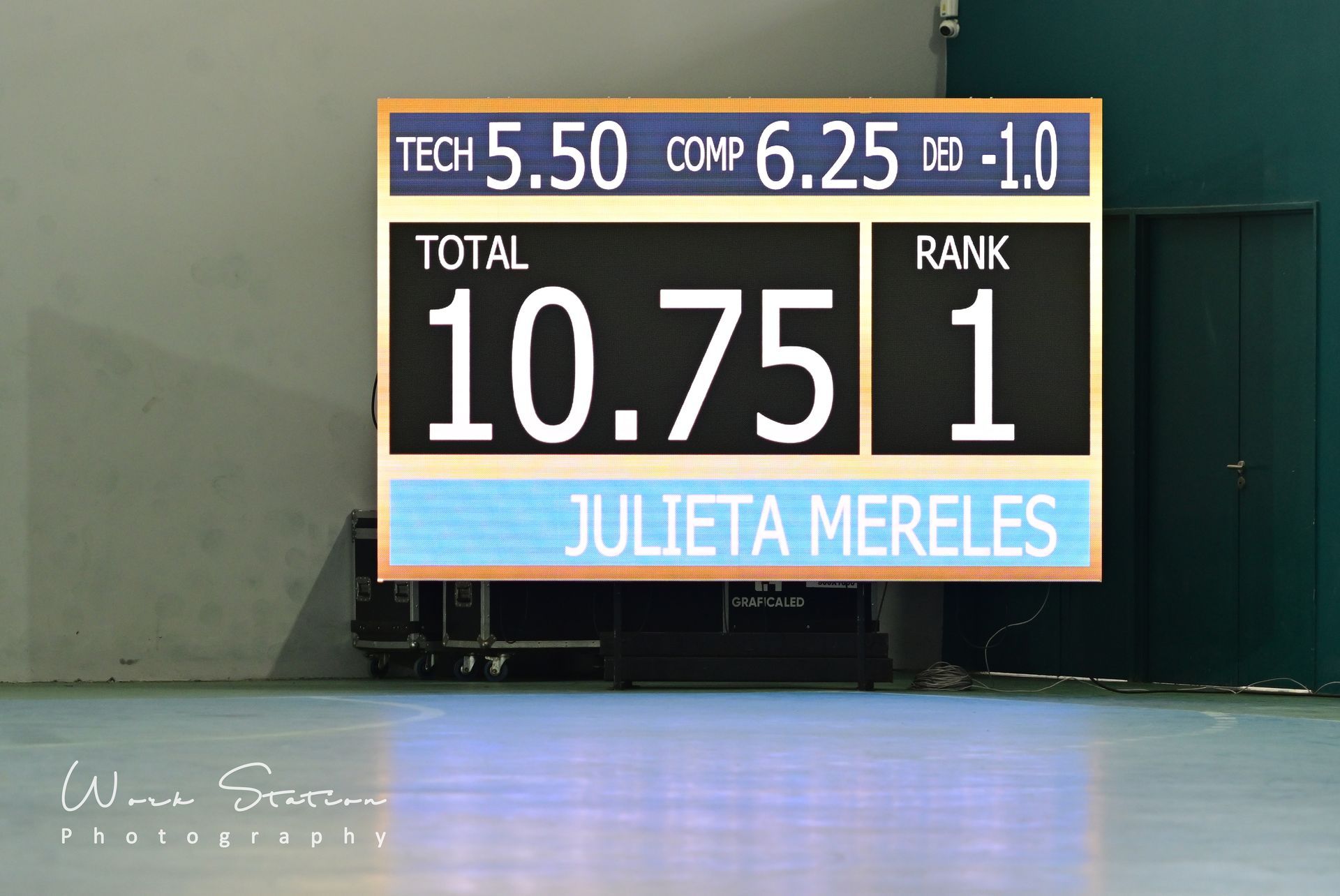 Un marcador muestra una puntuación total de 10,75 y el puesto número 1 para la atleta Julieta Mereles.