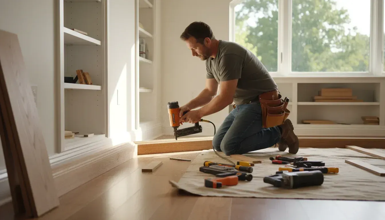 Person kneeling on a floor, installing trim in a bright room with tools spread out nearby.