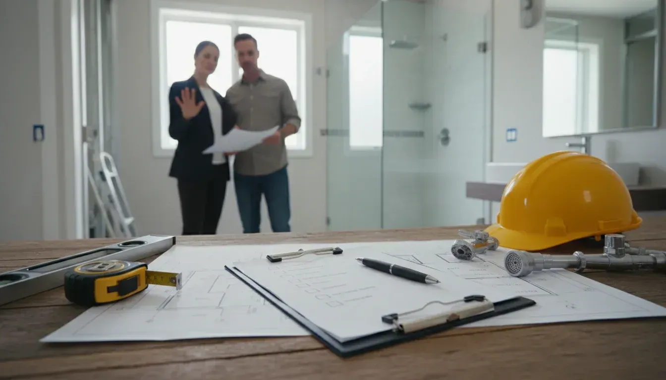 Blueprints, tools, and a yellow hard hat on a table, with two people discussing a room renovation in the background.