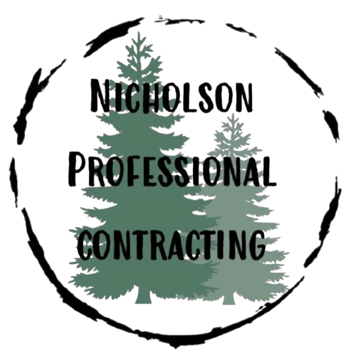 Logo for Nicholson Professional Contracting, featuring evergreen trees within a black-edged circle.