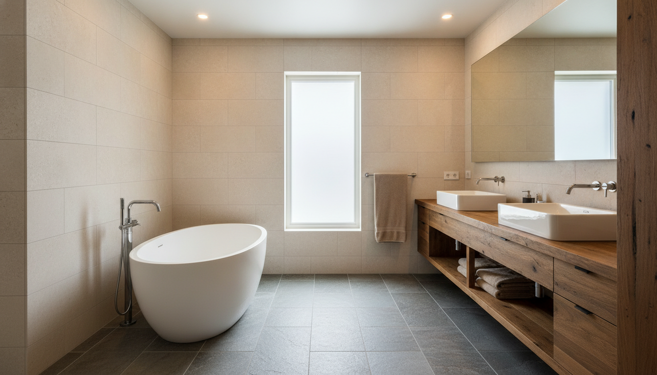 Modern bathroom with freestanding tub, double vanity, large mirror, and tiled walls