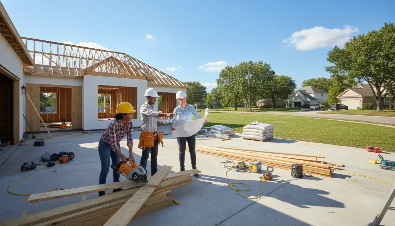 Workers in hard hats framing a house at a sunny construction site