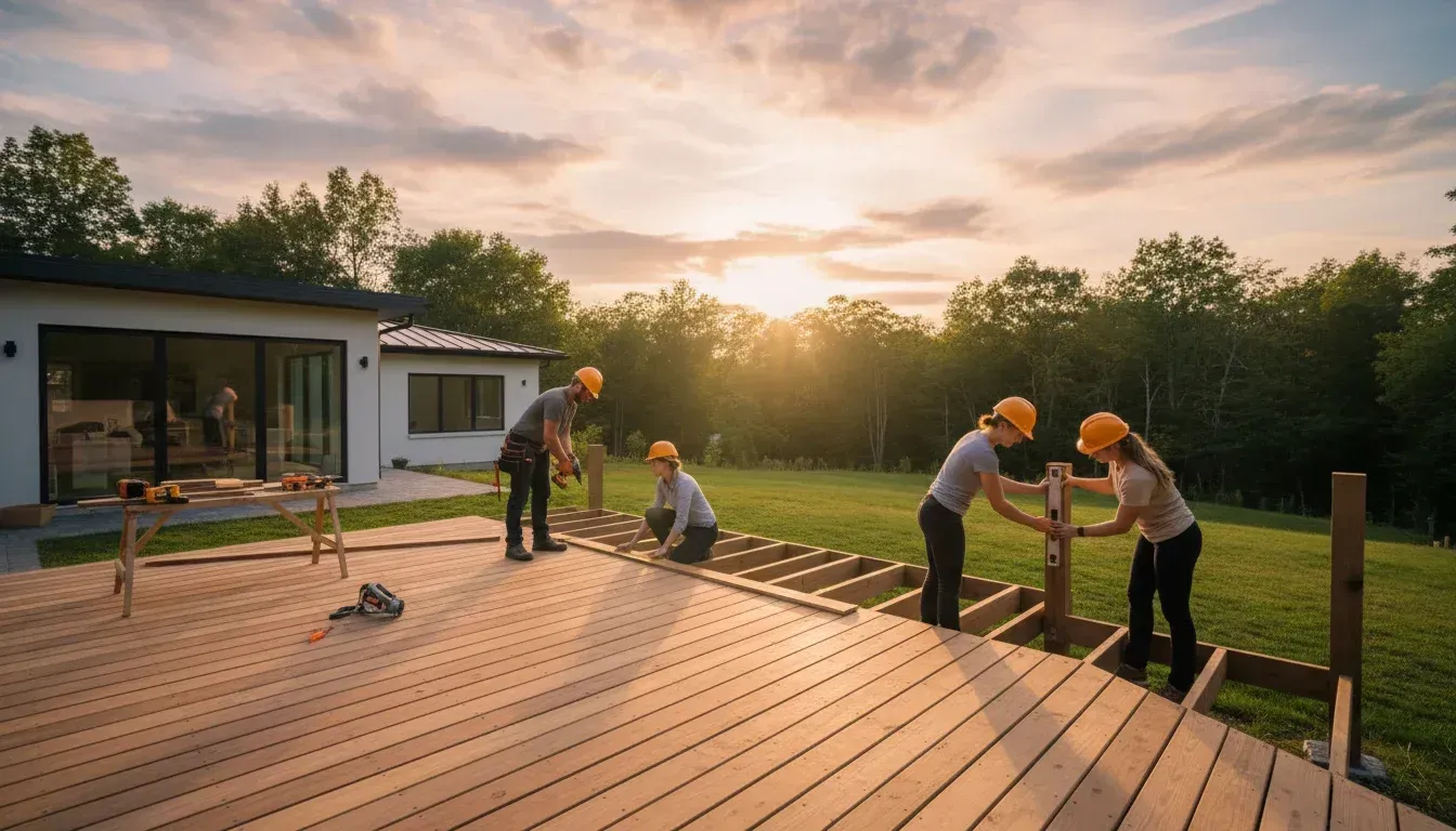 Workers building a wooden deck beside a modern house at sunset