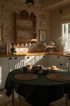 Sunlit farmhouse kitchen with wood cabinets, floral wallpaper, and a round table set for breakfast.