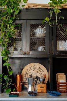 Dark cabinet display with plants, vintage jars, copper mug, and stacked books on a counter.