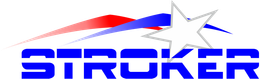 Logotipo de Stroker con diseño azul, rojo y blanco.