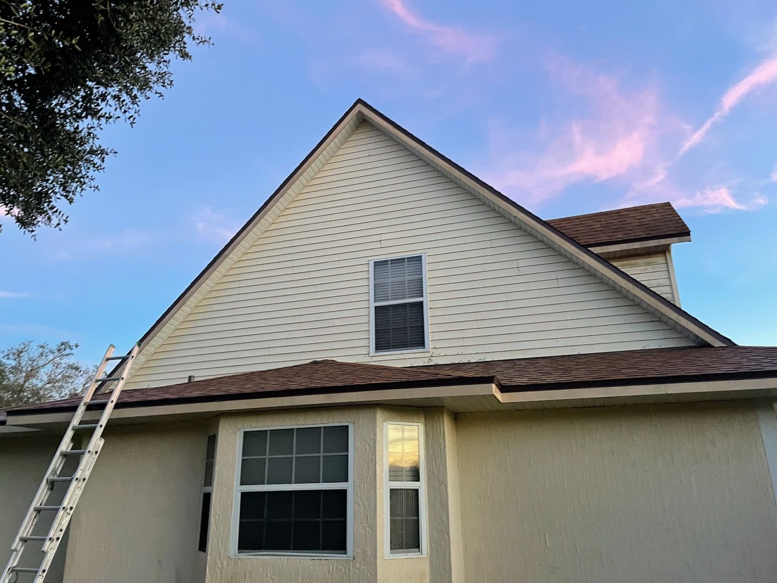 House exterior with white siding, brown roof, and a ladder leaning against the left side at sunset