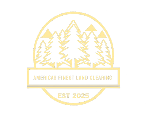Gold circular logo with pine trees, mountains, and text “America’s Finest Land Clearing” and “EST 2025”