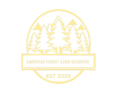 Gold circular logo with pine trees, mountains, and text “America’s Finest Land Clearing” and “EST 2025”