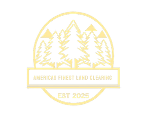 Gold circular logo with pine trees, mountains, and text “America’s Finest Land Clearing” and “EST 2025”