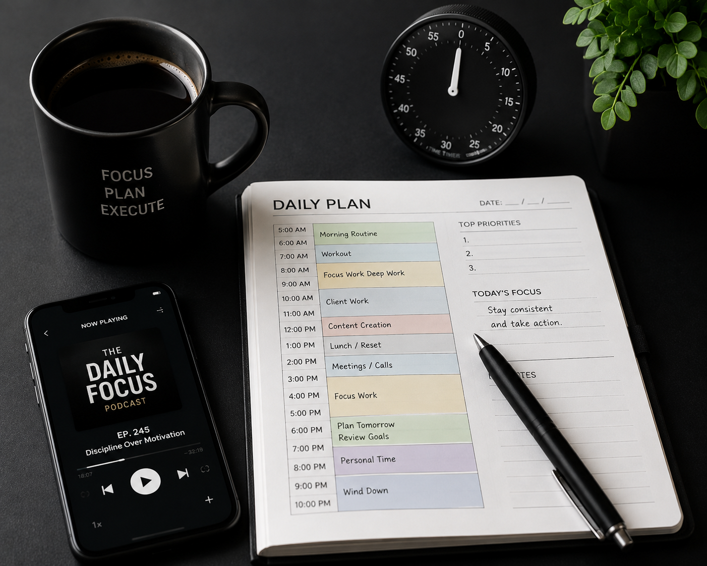 Desk with coffee, phone, clock, pen, and daily planner open to a color-coded schedule.