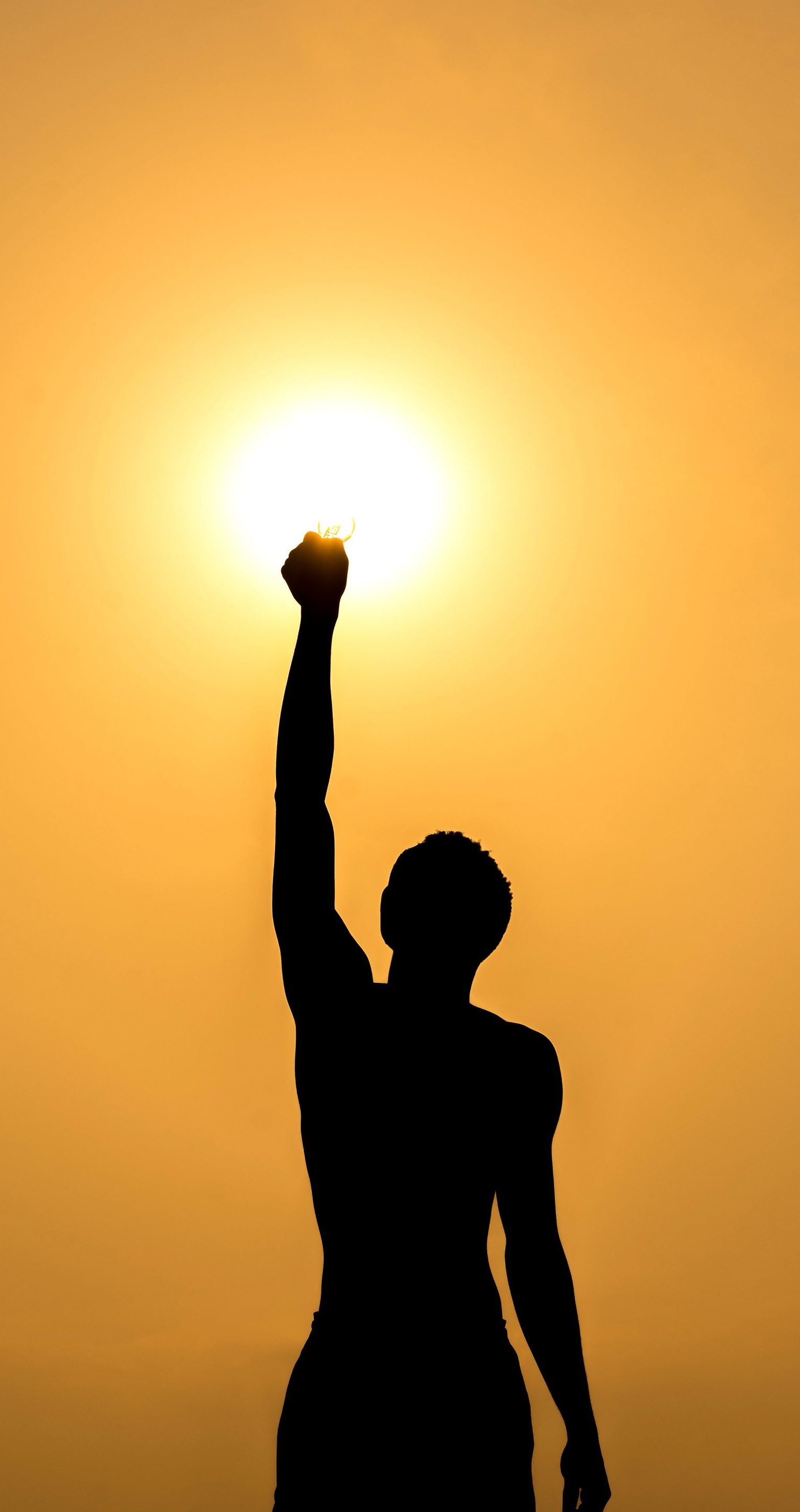 Silhouette of a person raising a fist toward the bright sun at sunset.