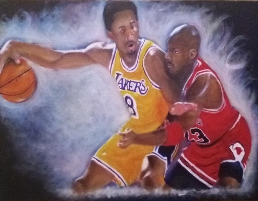 Basketball painting of a Lakers player dribbling past a Bulls defender in a smoky action scene