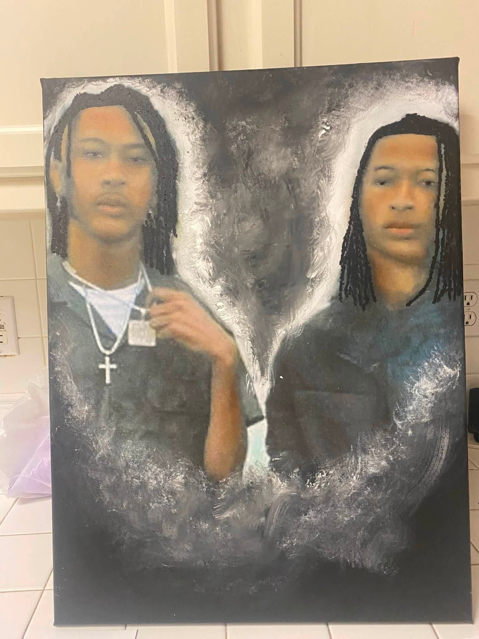Two portrait paintings of a man side by side, one in black shirt, with a smoky gray background.