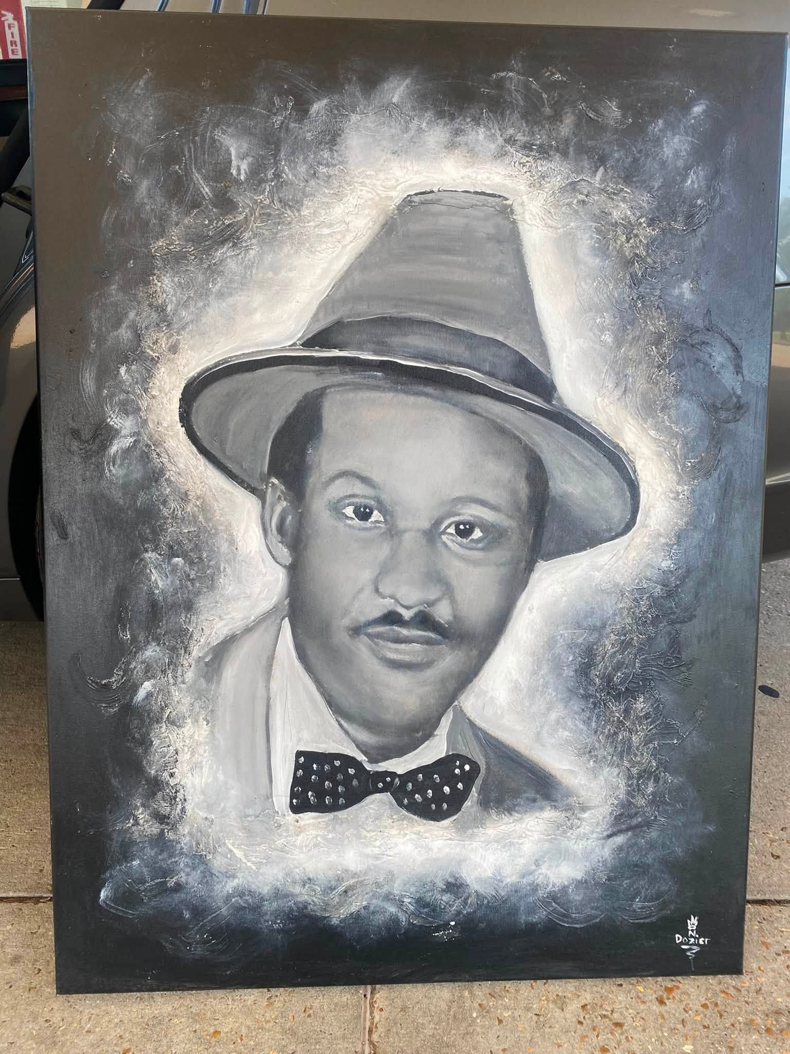 Black-and-white portrait painting of a man in a hat and bow tie with a glowing background