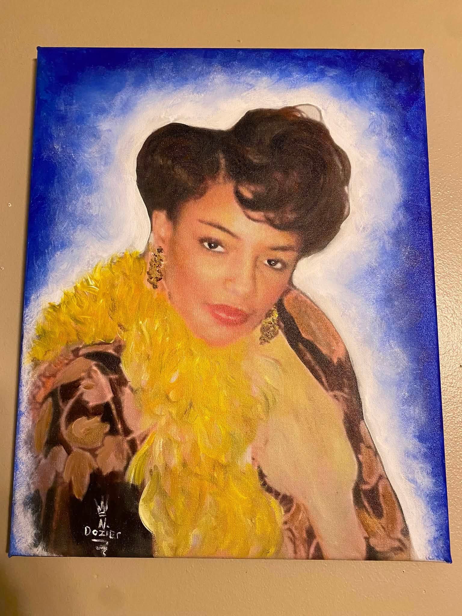 Portrait painting of a person with a yellow feather boa against a blue background