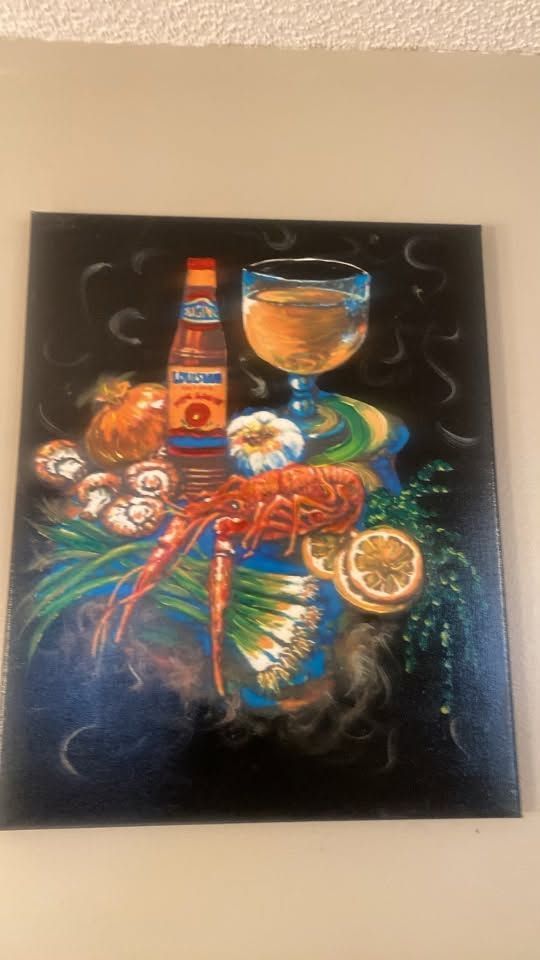 A colorful painting of a beer bottle, shrimp, seashells, and a wine glass on a black background.