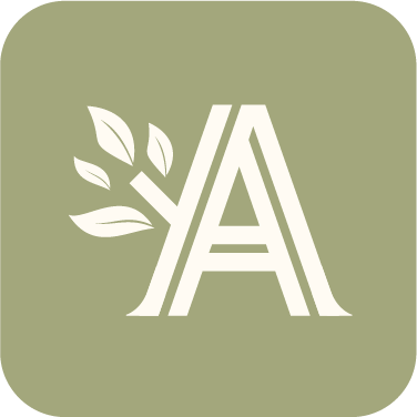 White stylized letter A with leaf sprigs on an olive-green square background