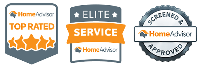HomeAdvisor award badges: Top Rated, Elite Service, and Screened & Approved.