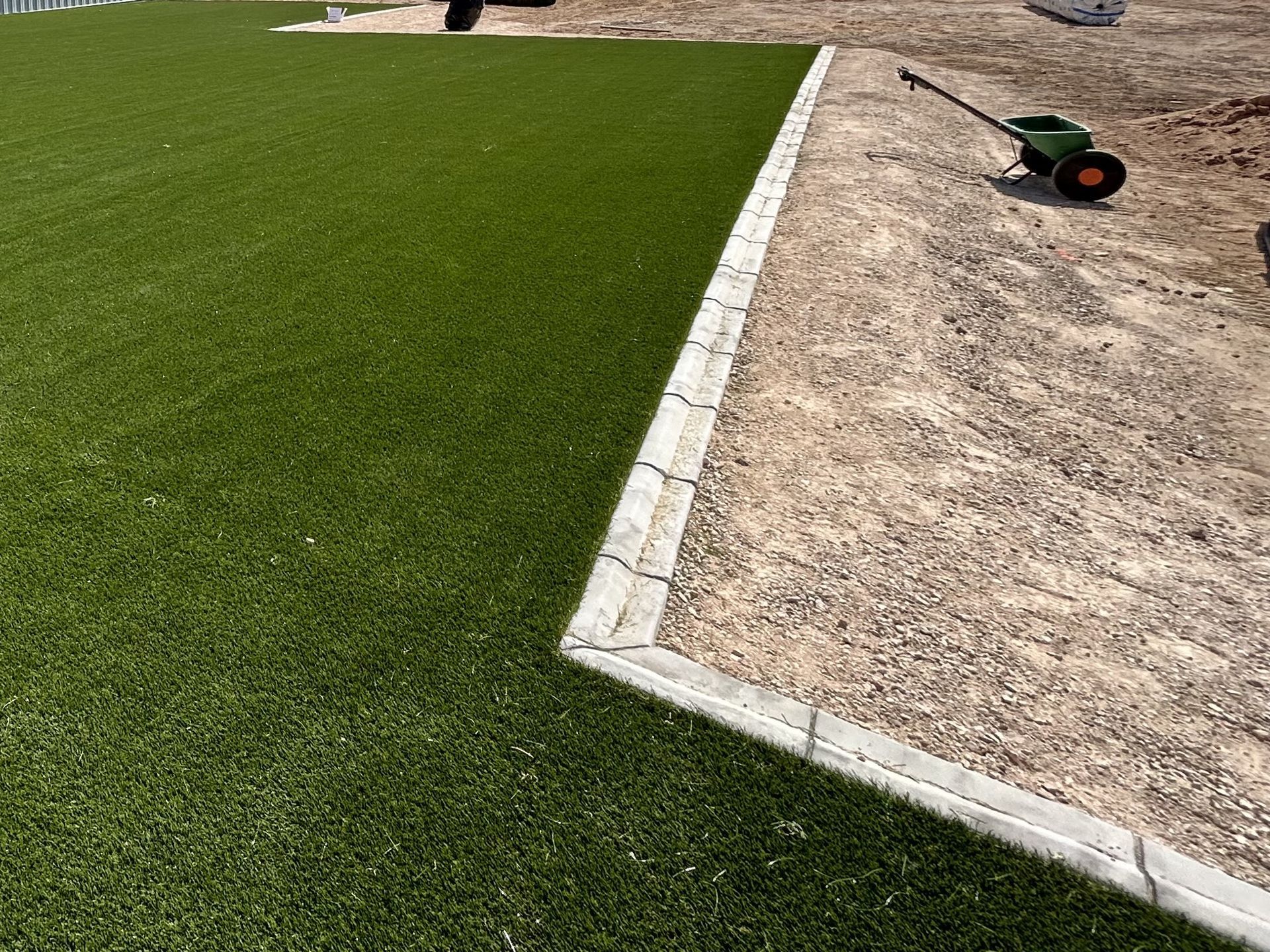Fresh green lawn beside a bare dirt area with a white border and a wheelbarrow in the background