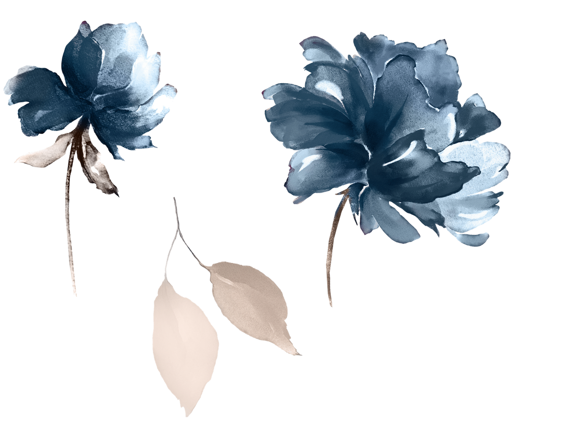 Illustration of two blue flowers and stem with beige colored leaves