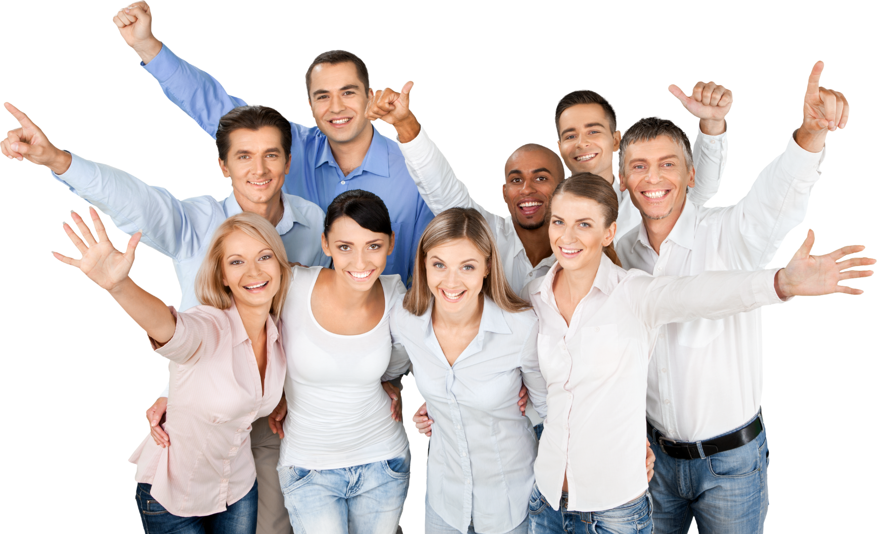 a group of people are posing for a picture with their arms in the air .