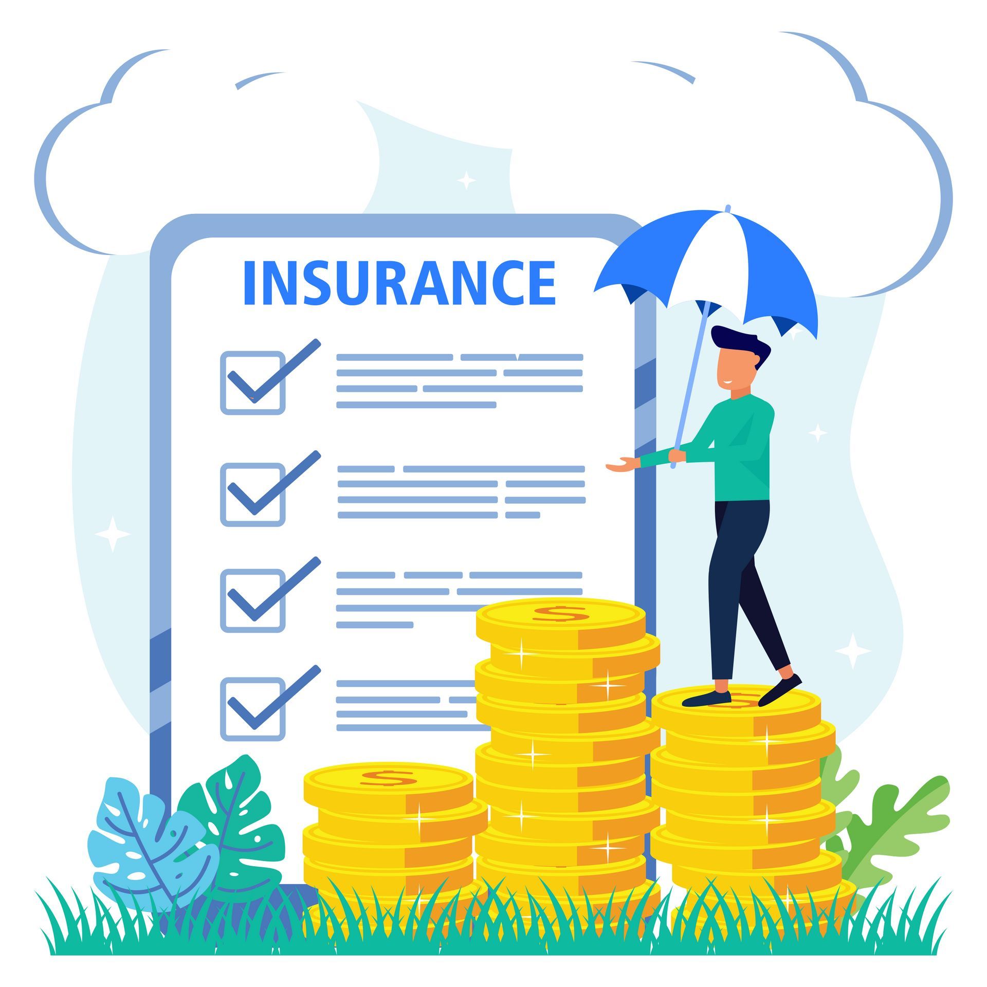 a man is standing on a pile of coins holding an umbrella .