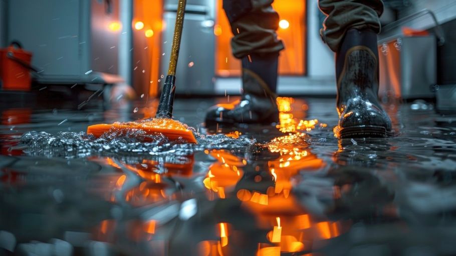 Boots stepping through a wet alley with glowing orange reflections and sparks on the ground