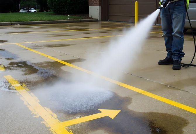 Person pressure-washing a wet parking lot with yellow painted lines and arrow