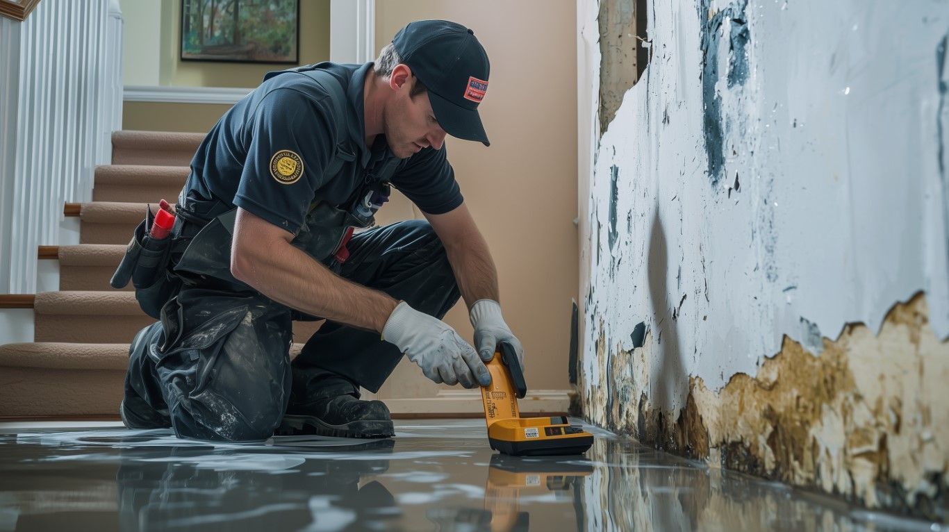 Worker using a floor grinder to remove mold and water damage along an interior wall
