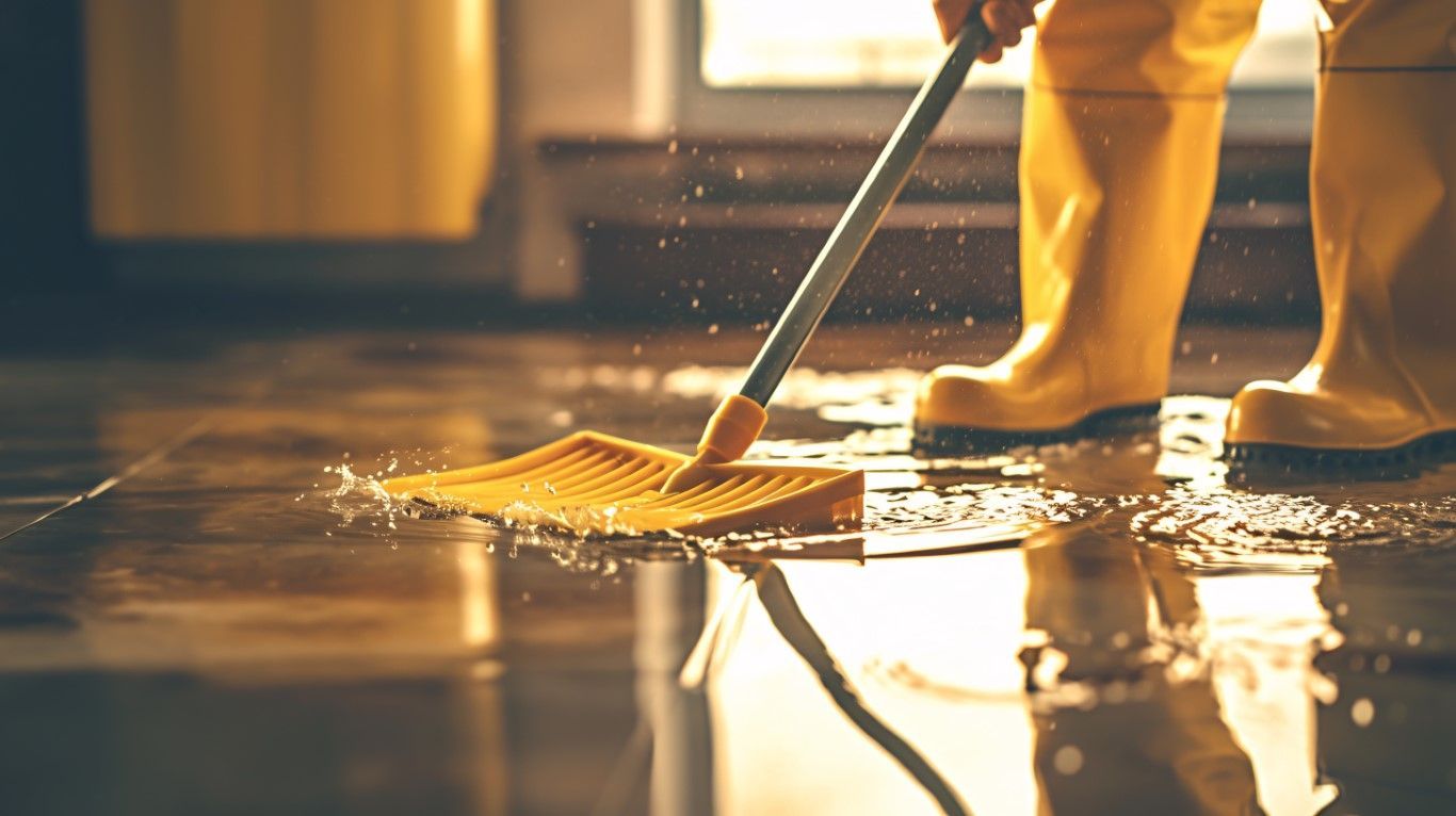 Yellow broom sweeping water on a wet floor near boots in warm indoor light