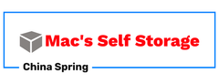 Logo for Mac's Self Storage in China Spring, featuring a grey cube icon and red text on a blue background.