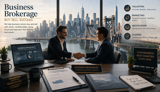 Two professionals shake hands at a desk overlooking a city skyline, representing a business brokerage firm.