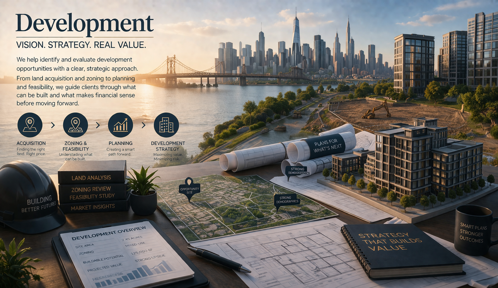 An architectural office desk overlooking a city skyline with a building model, blueprints, and project development icons.