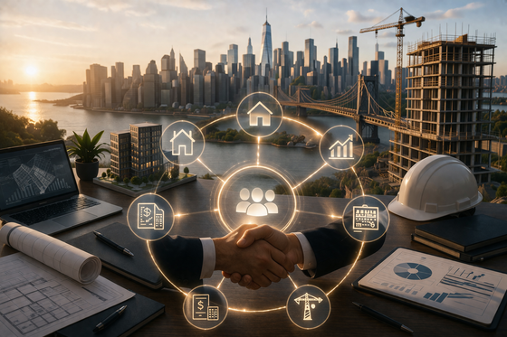A handshake over a desk with blueprints and a hard hat, centered by a digital network icon against a city skyline.