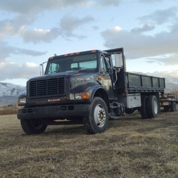 Black dump truck parked on a dirt field with mountains in the background